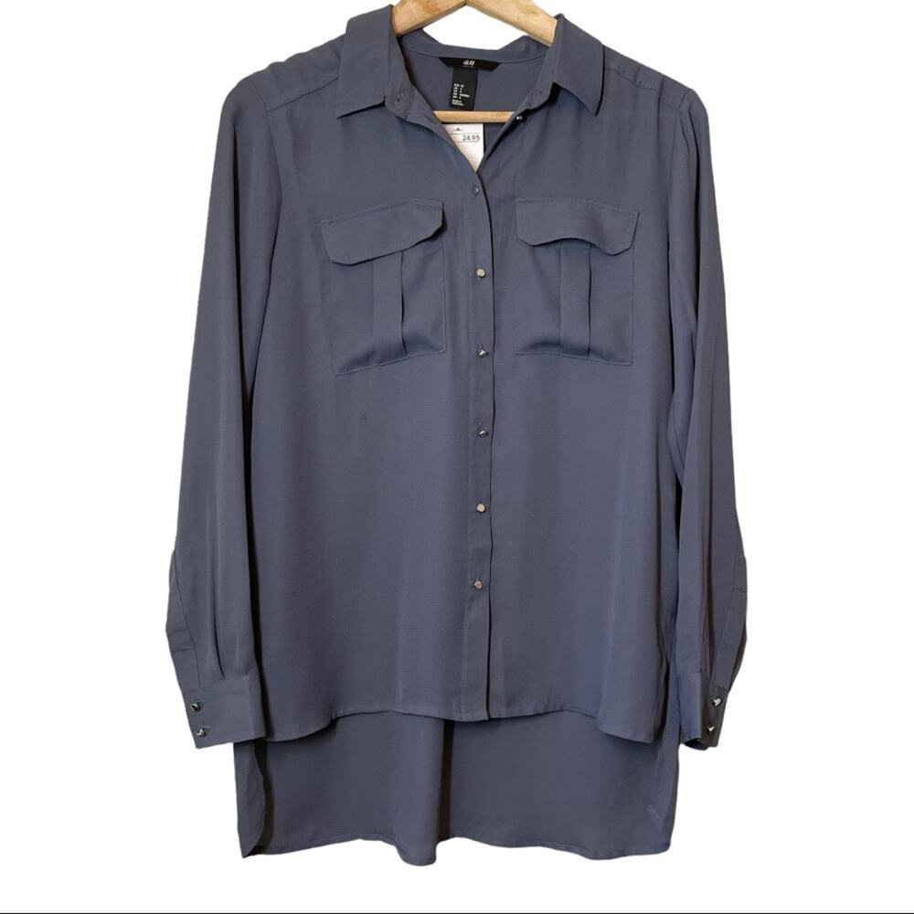 H&M tunic Blouse button front gray  Size 4 NWT Office Work Career Oversized